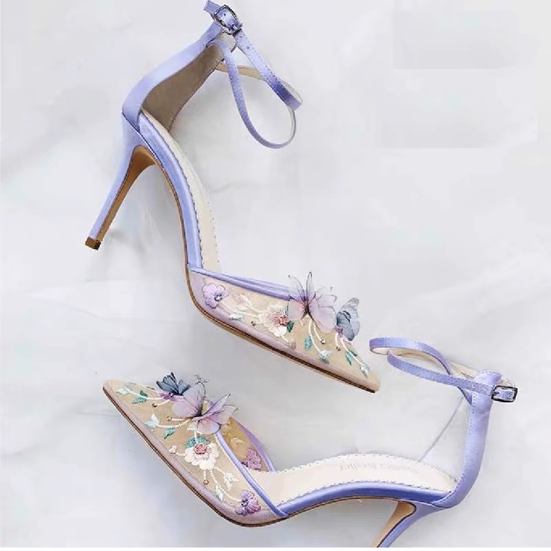 Dream Lavender Butterfly Wedding Shoes Pointed Toe Stiletto High Heel Ankle Strap Fantasy Prom Party Evening Formal Occasion Women Pump