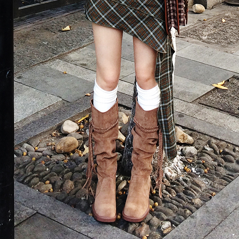 Ladies' autumn and winter brown fringed boots