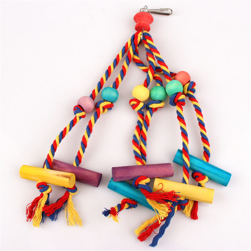 Parrot Bird Chewing Toys Colorful Cotton Rope Wooden Beads Hanging Swing Toy Bite Resistant Cockatiels Training Toy Bird Supplie