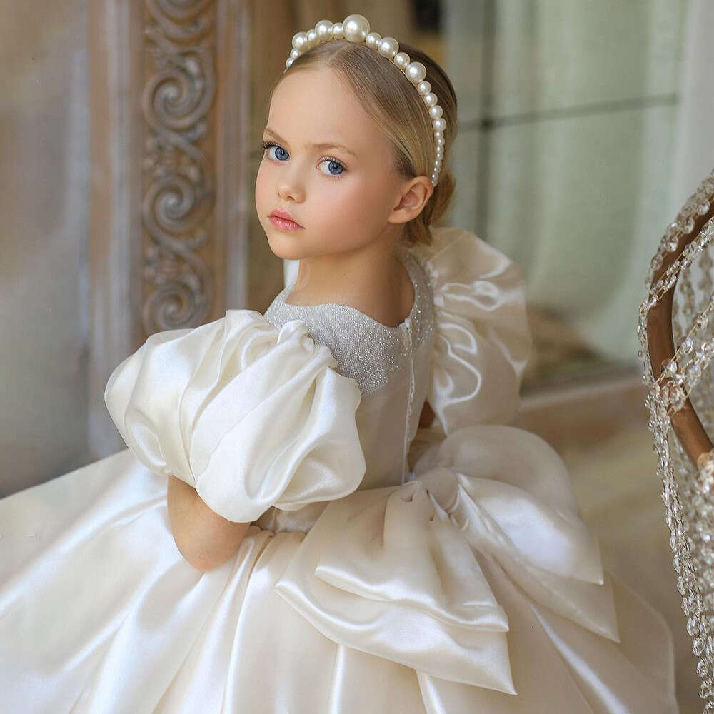 Girl Fluffy Layered Tulle Short Bubble Sleeve Sparkle Wedding Litter wer Child Communion Birthday Party Dress