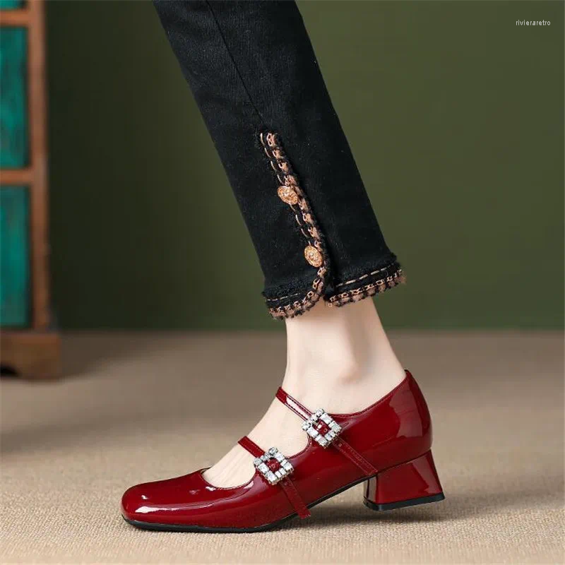 Dress Shoes Patent Leather Women High Heel Retro Thick Female Pumps Brand Buckle Strap Solid Classics
