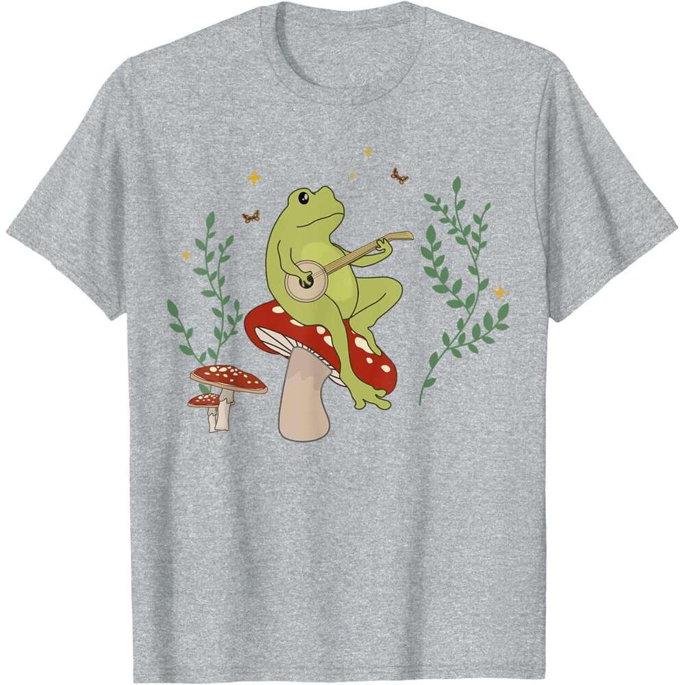 Summer shirts t shirt Cute Frog Playing Banjo on Mushroom T-Shirt Free shipping
