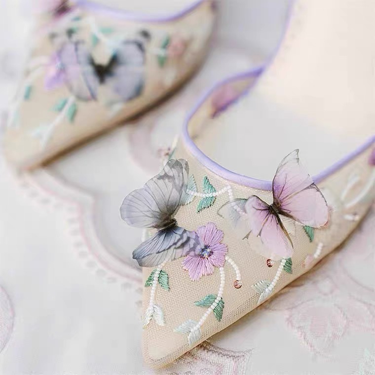 Dream Lavender Butterfly Wedding Shoes Pointed Toe Stiletto High Heel Ankle Strap Fantasy Prom Party Evening Formal Occasion Women Pump