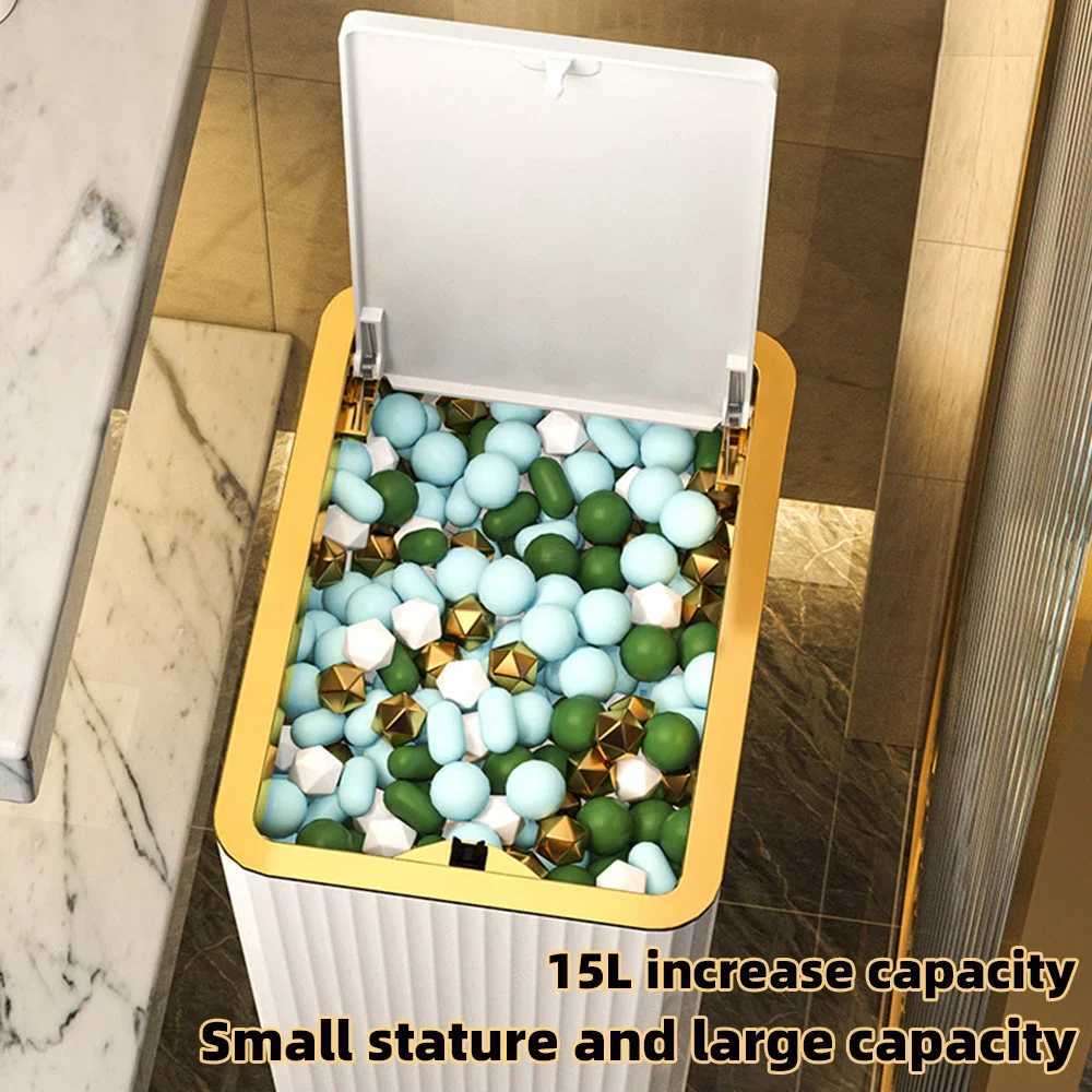 15L Nordic Gold Bathroom Trash Can Covered Slim Trash Can with One-Touch Lid for Bathroom Toilet Living Room Kitchen BedroomB240726
