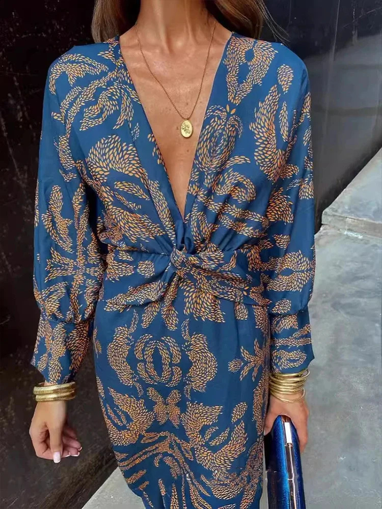 Spring and summer fashion printed womens clothing elegant ultrathin Midi retro Vneck long sleeved 240718