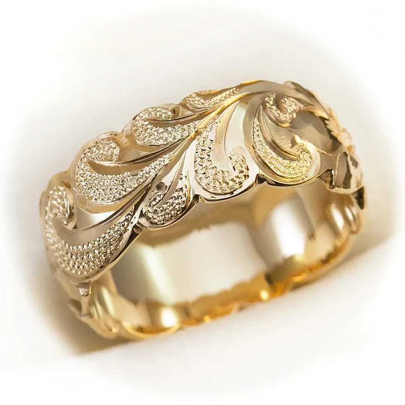 Huitan Bohemia style floral pattern gold ring suitable for women and floral carving design fashionable womens ring hot jewelry W241205