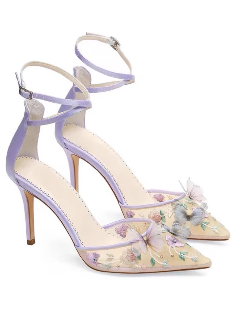Dream Lavender Butterfly Wedding Shoes Pointed Toe Stiletto High Heel Ankle Strap Fantasy Prom Party Evening Formal Occasion Women Pump