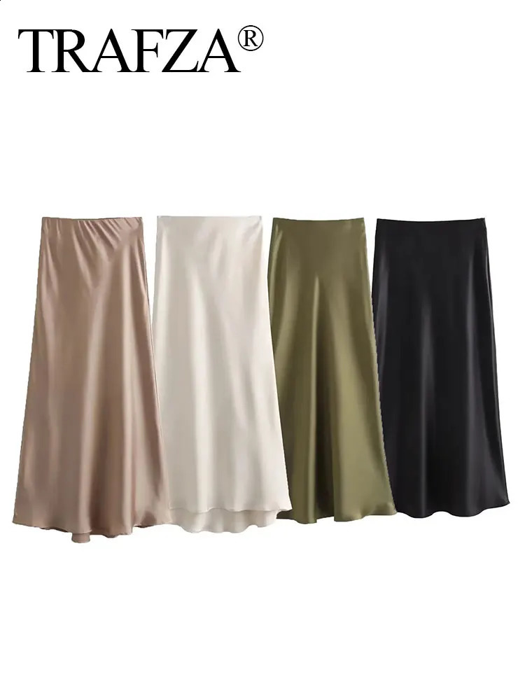 TRAFZA Women Elegant Solid Satin Long Skirt Chic Y2K High Waist Slim Skirts Female Fashion Silk Texture Ladies Tight Midi 240725