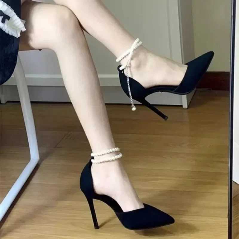 High Quality Black high heels new pump slim toe pearl ankle high-end shoes comfortable womens shoes T241024