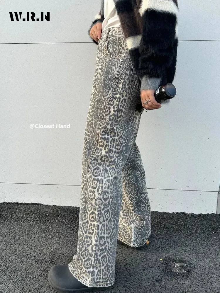 Womens American Vintage Leopard Print Washed Thin Jeans Street Casual Neutral Style DenimTrousers High Waist Straight Pants y240924