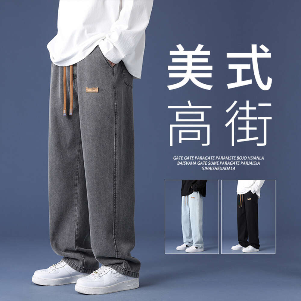 Jeans 2024 Autumn Fashion Brand Loose Straight Tube Clothing Casual High Street American Mens Pants College Style Harlan Sweatpants Half Pants for Men