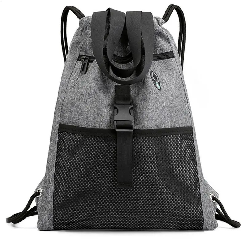 Drawstring Bag Gym with Pockets Sports Sack with Handle Drawstring Backpack Travel for Men Women-Grey 240726