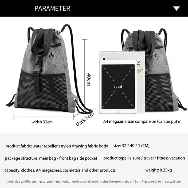 Drawstring Bag Gym with Pockets Sports Sack with Handle Drawstring Backpack Travel for Men Women-Grey 240726