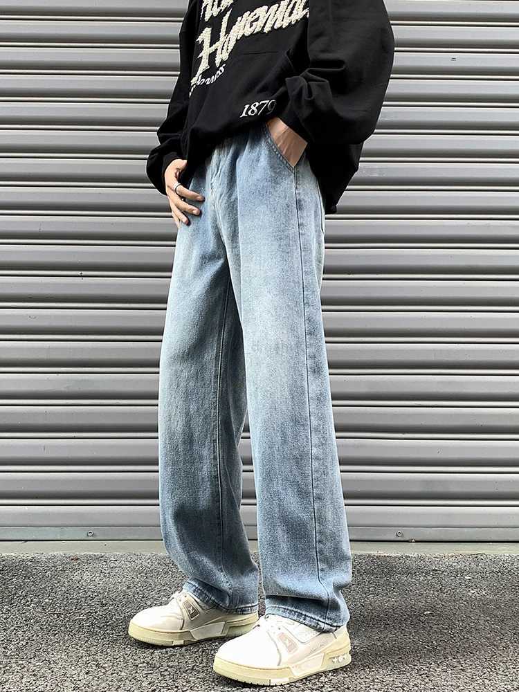 2025S Fashion Designer New High Street Mens Straight Jeans Korean Fashion Elastic Waist Retro Blue Casual Denim Pants Male Baggy Jean Trousers Z
