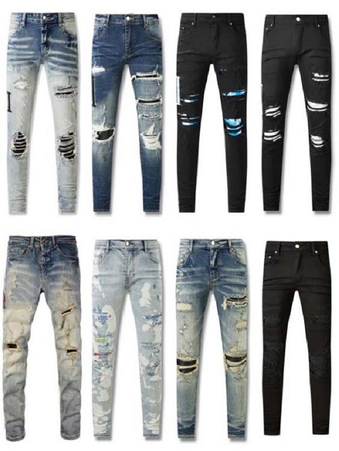 designer jeans pants stacked jeans for mens baggy tears jean pants biker Embroidered and sewn fashionable perforated pants casual straight leg jeans