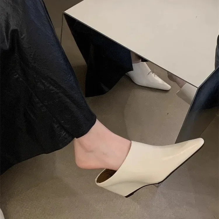 European American Baotou Half Womens Soft Leather Slope Heel High Cool Fashion Outwear Thick Lazy Muller Shoes 240723