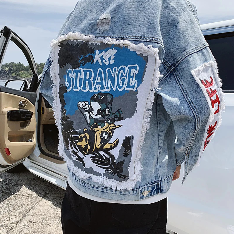 Fashion Patchwork Denim Jacket for Men Vintage Distressed Holes Hip Hop Jean Jackets Coat Harajuku Streetwear Outerwear 240726