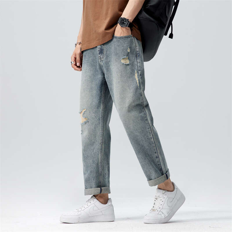 Jeans Trendy Brand 2024 Spring and Summer New Versatile Straight Leg Loose Casual Cropped Washed Mens Pants Sport Gold Velvet Pants Military Pants for
