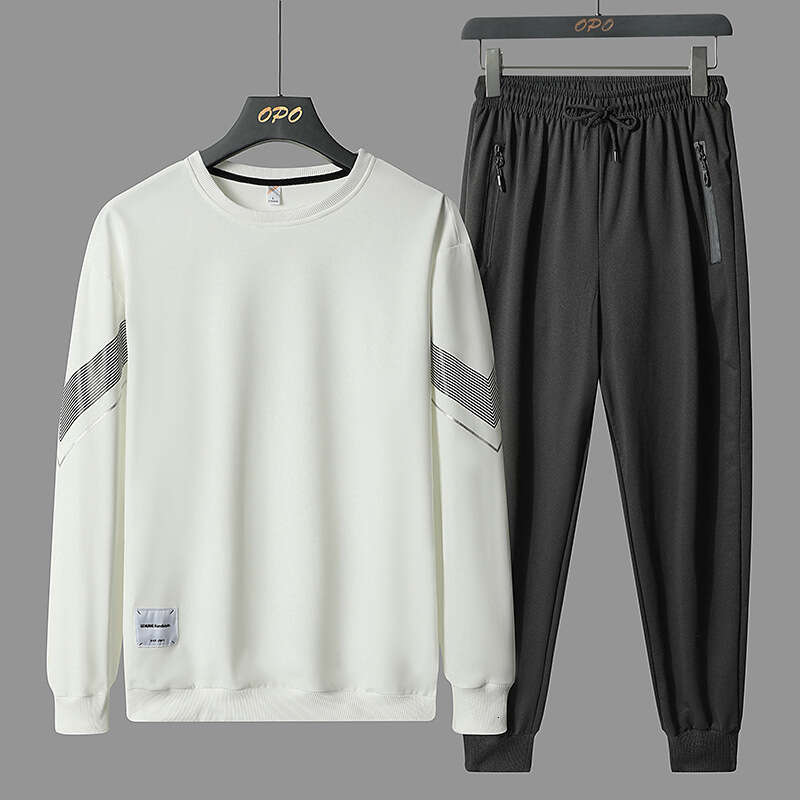 Mens Set Round Neck Hoodie Pants Spring 2024 New Mens Casual and Versatile Sportswear Two-piece Set Overalls Plaid Trousers Military Pants for Man