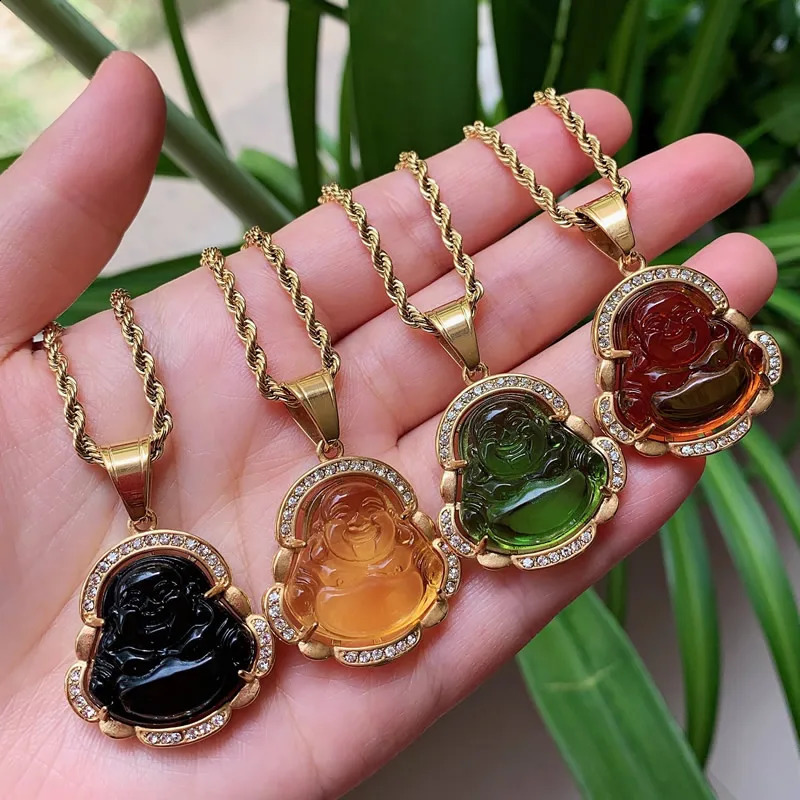 Punk Rock Stainless Steel Jewelry Crystal Buddha Pendant Necklace for Women Men Colorful Lampwork Quartz Stone Pendulum Necklace 240723