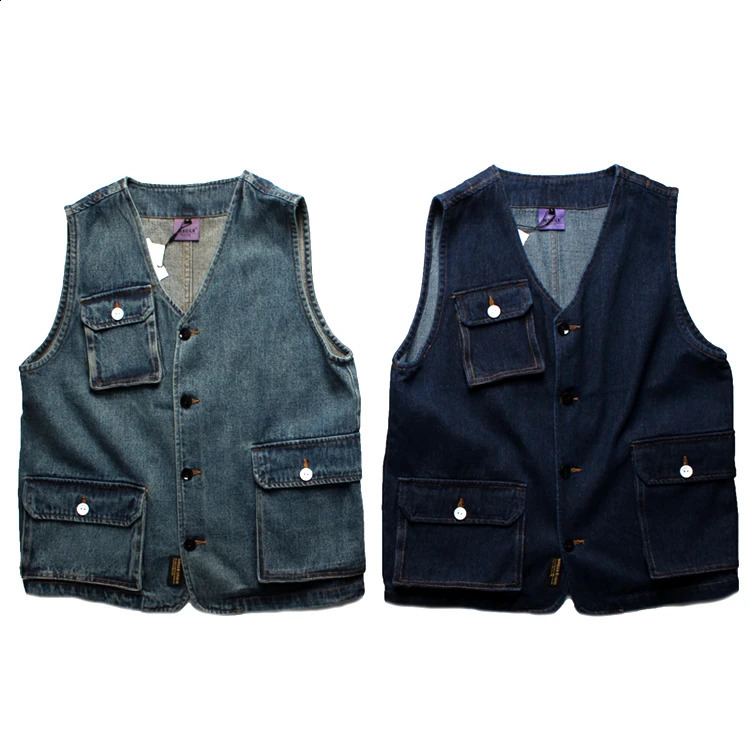 Motorcycle Retro Denim Vest Mens Multi Pockets Workwear Sleeveless Jacket Y2k Youth American Casual Cotton Camisole Top Vintage 240717