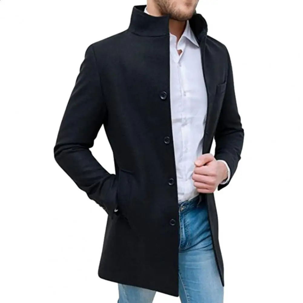 Men Stand Collar Long Sleeve Woolen Coat Single Breasted Pockets Mid-length Windbreaker Outwear Korean Style Spring Trench Coat 240826