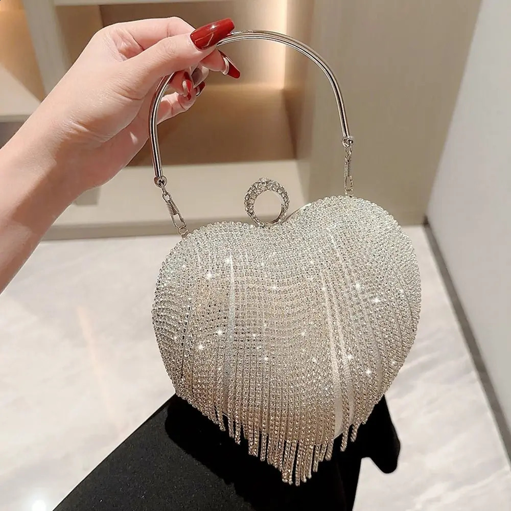 Tassel Evening Bag Elegant Heart-shaped Rhinestone Decorative Dinner Bag Handbags Wedding Party 240726