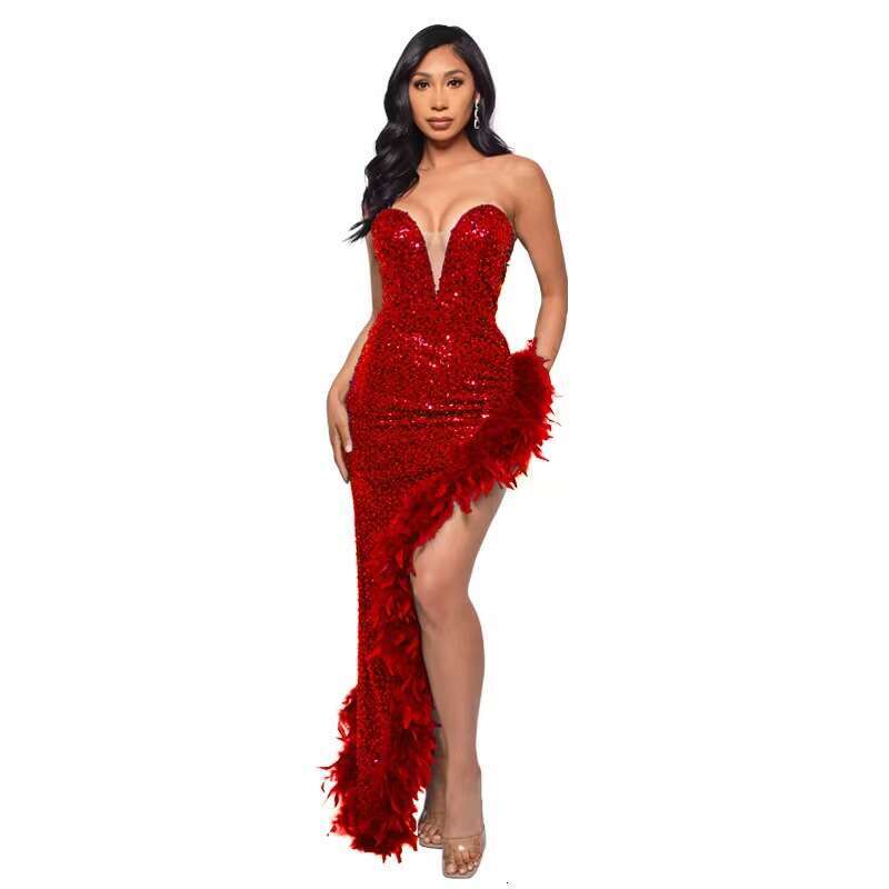 Women Evening Asymmetrical Shiny Sequins Feather Tail Party Dress Sexy Strapless Long Formal Prom Dresses Xiny189 0220