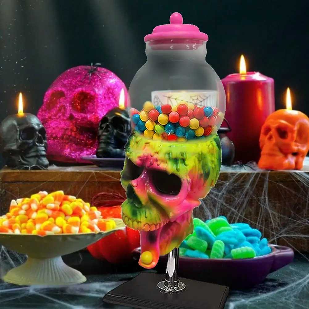 1PCS Halloween Transparent Candy Cans Jar With Cover Bubble Gum Machine Color Skull Candy Storage Tank Dessert Display StandCL240726