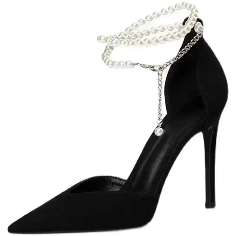 High Quality Black high heels new pump slim toe pearl ankle high-end shoes comfortable womens shoes T241024