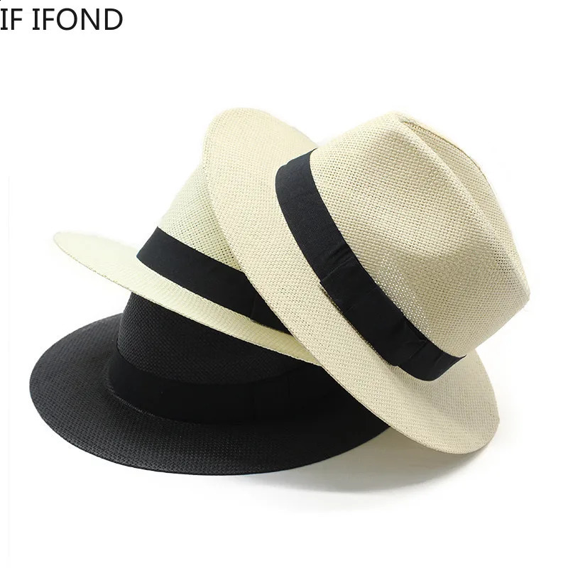 Summer Casual Paper Straw Hat Mens Panama Trilby Jazz Hat Outdoor UV Protection Beach Hat 240710