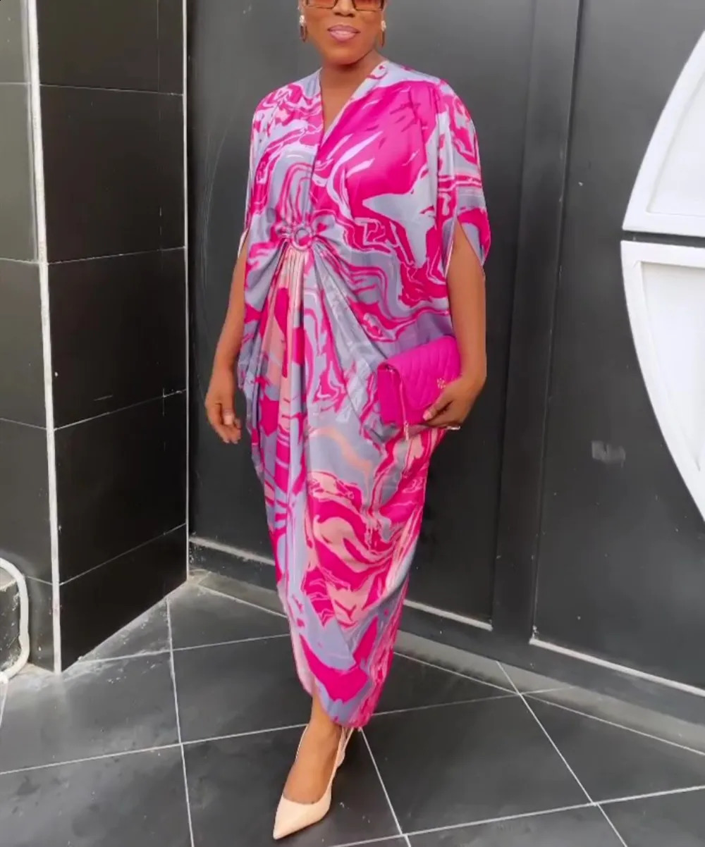 Summer African Printed Maxi Dress Women Causal V Neck Flare Ruffle Sleeve Loose Fit Ruched Front Slit Party Club Long Dress 240715