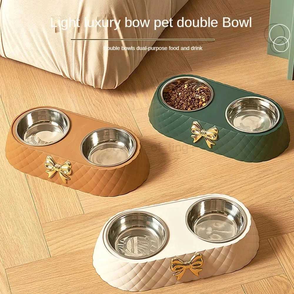 Cats and dogs special light luxury bow stainless steel double bowl convenient feeding and watering food bowl dog bowl zxx240726