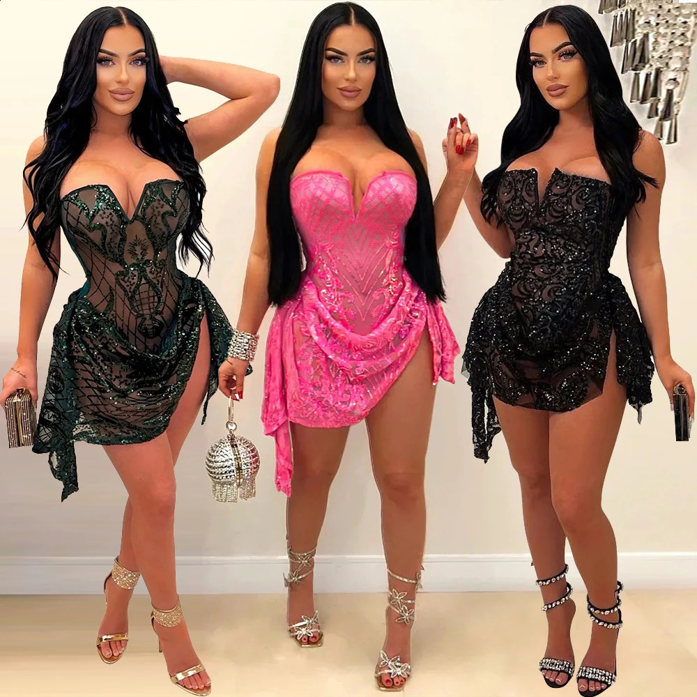 Sequin Ruffle Dress Lady Sexy Party Bodycon Evening Dresses 2024 Women Summer Clothes Elegant Birthday Club Mini Dresses 240726
