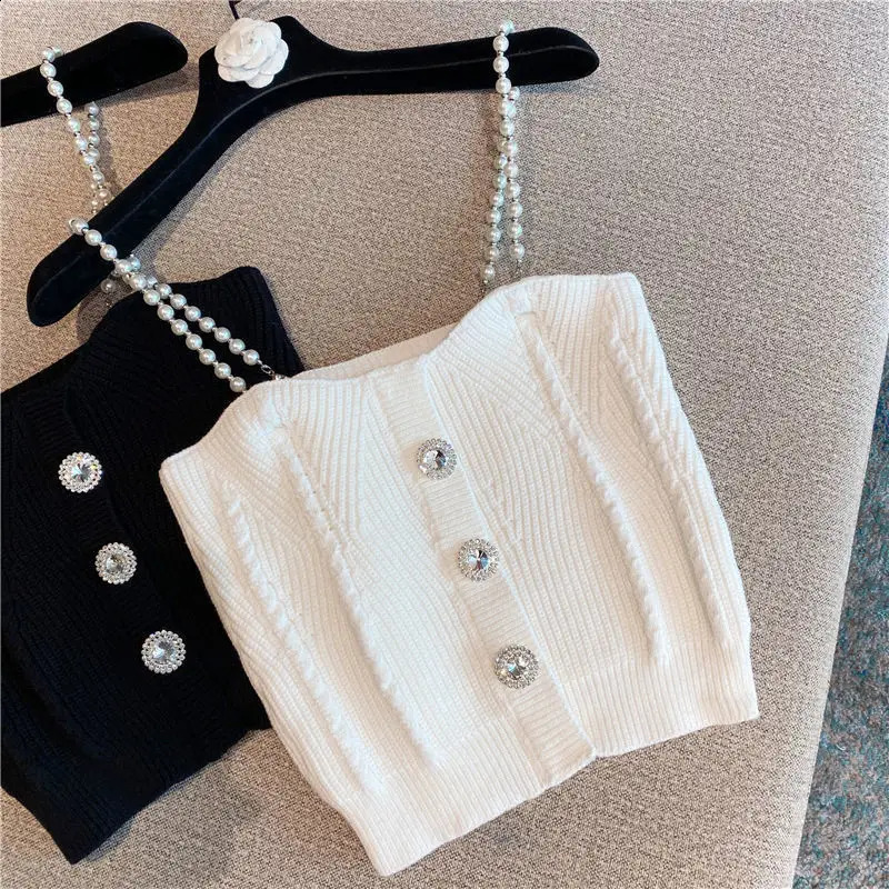 Women's corset top Summer Rhinestone buckle short knitted spaghetti strap knitted vest Camis crop top for women 240726