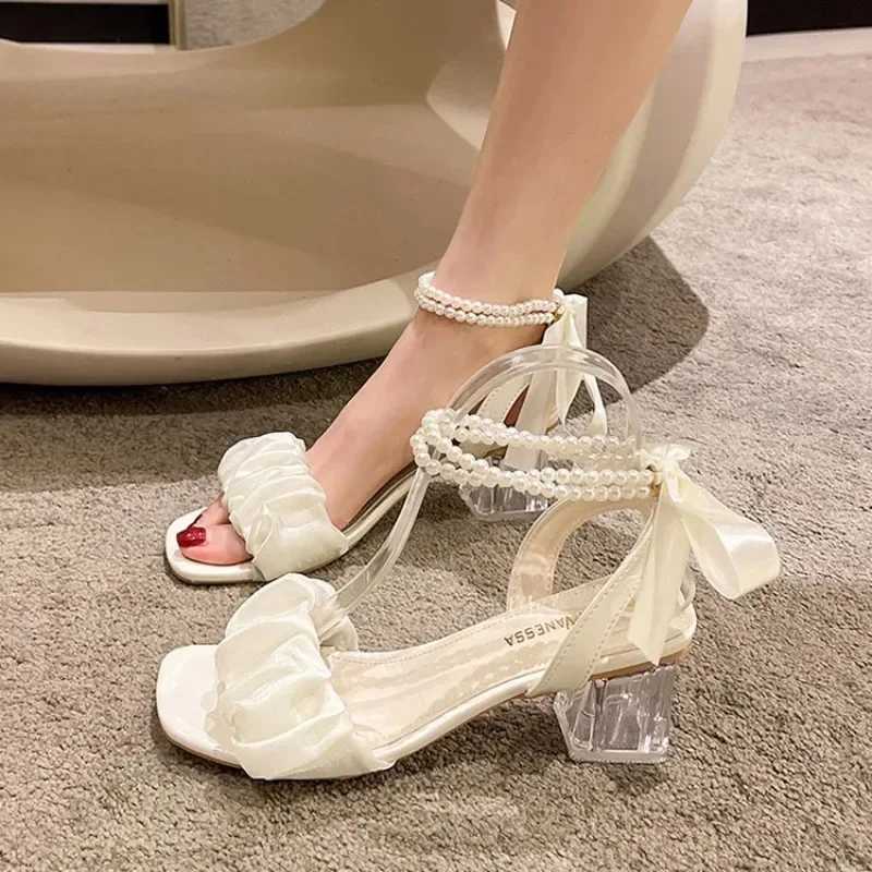 High Quality Comfort Shoes for Women Block Heels Pearl Sandals Med Suit Female Beige All-Match Chunky Girls Medium Clear Black Gladiator T241227