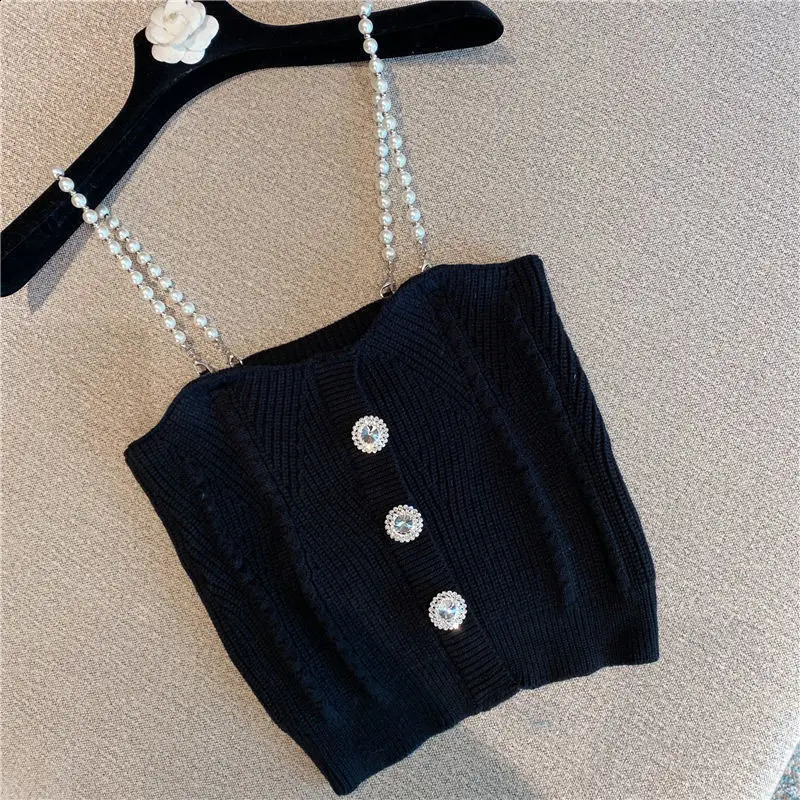 Women's corset top Summer Rhinestone buckle short knitted spaghetti strap knitted vest Camis crop top for women 240726