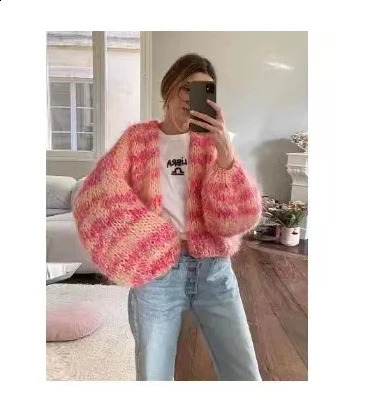 striped long sleeved rainbow plaid heavy handmade versatile cardigan sweater knitted sweater 240819