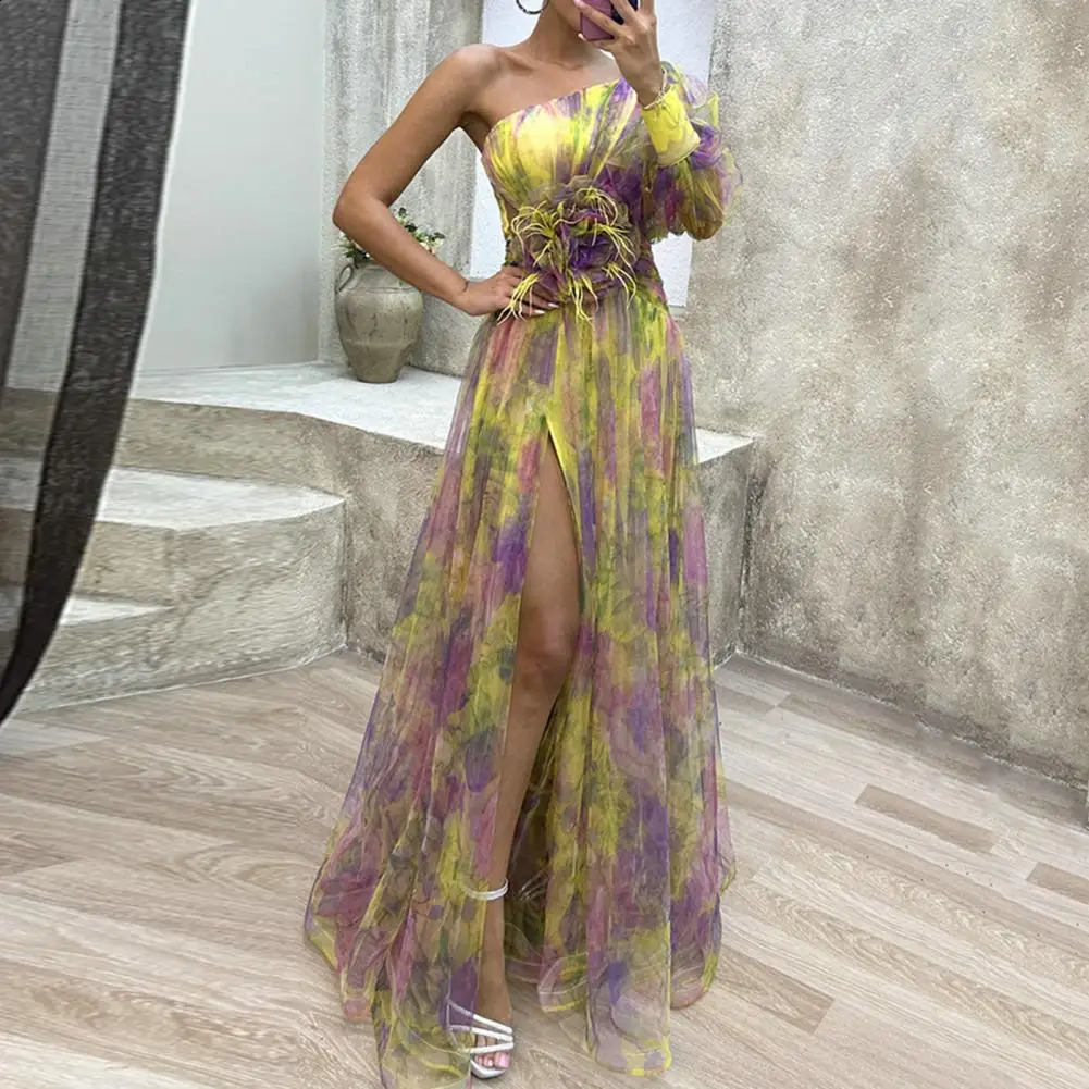Formal Evening Dress Elegant One Shoulder Tie Dye Ball Dress Mesh Bubble Sleeves Split Hem Womens Evening Dress 240712