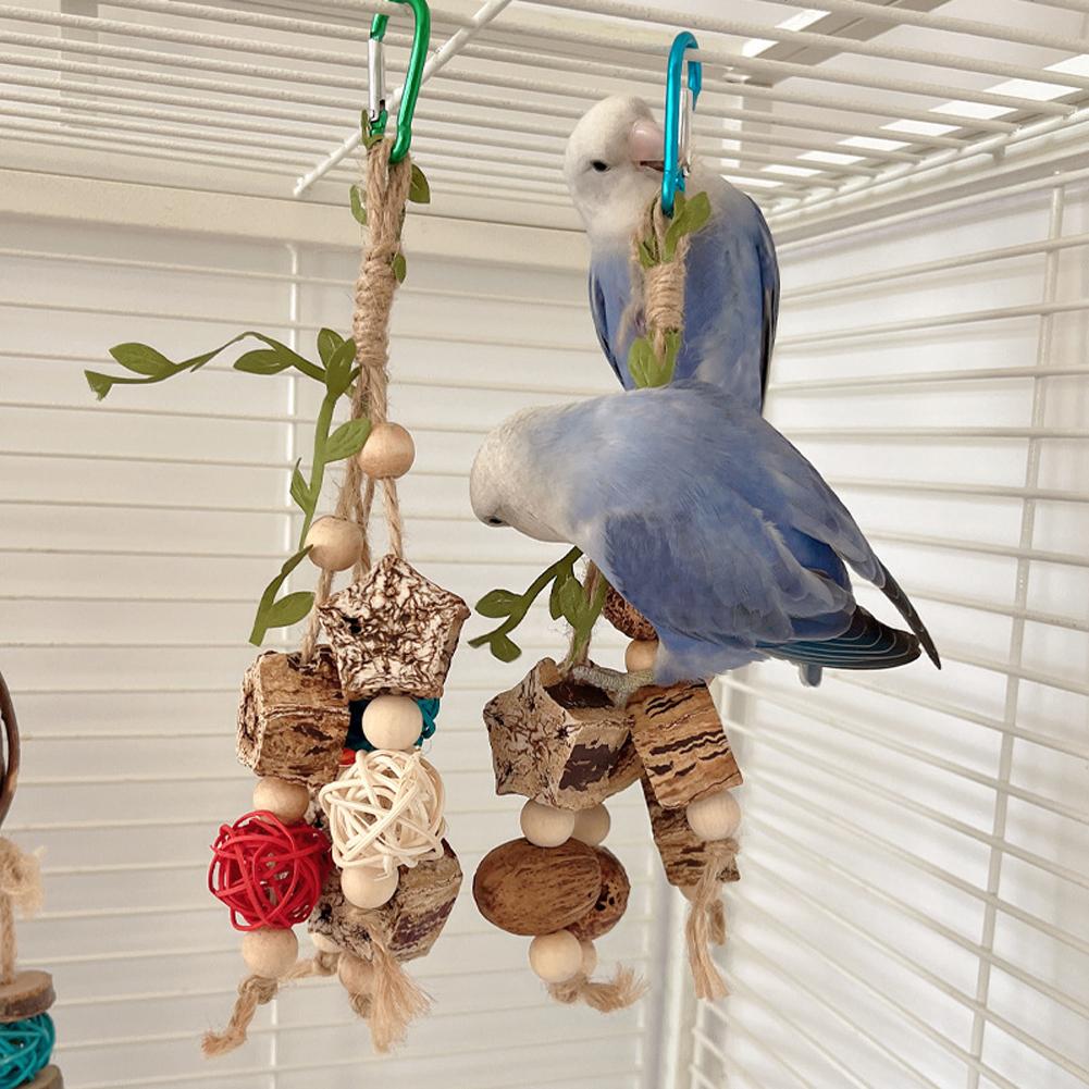 Parrot Toys Wooden Hanging Parrot Chewing Toy Rattan Ball Wooden Beads Bird Cage Accessories Bird Cage Bite Toy for Birds