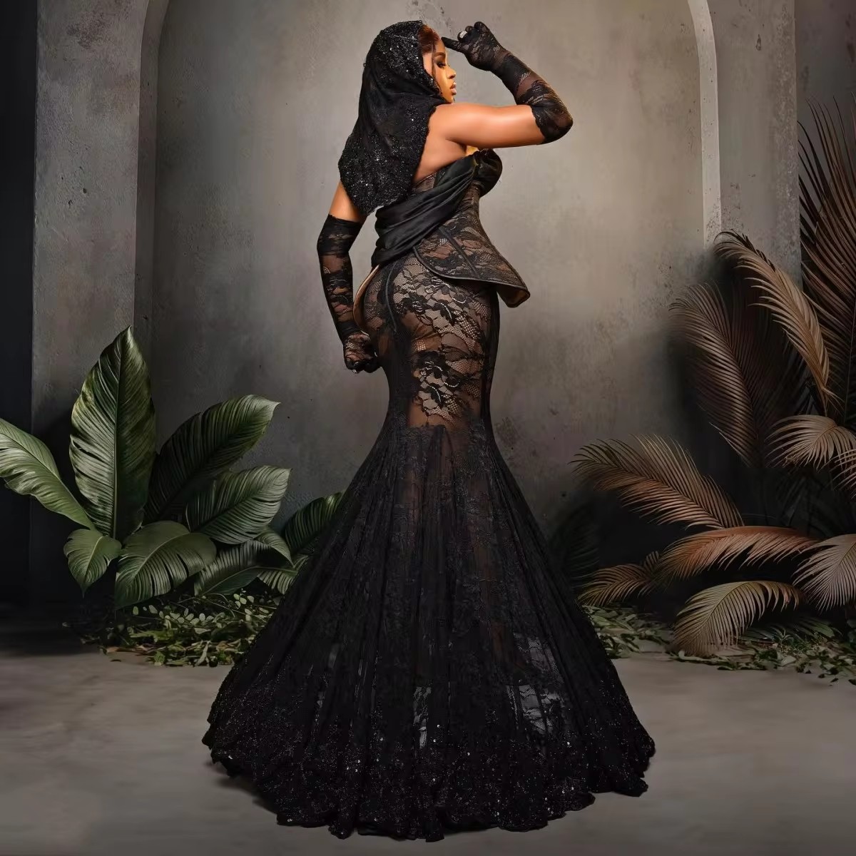Sexy See Through Lace Prom Dresses Without Gloves Peplum Mermaid Evening Dress Plus Size Women Party Gowns robes de soiree