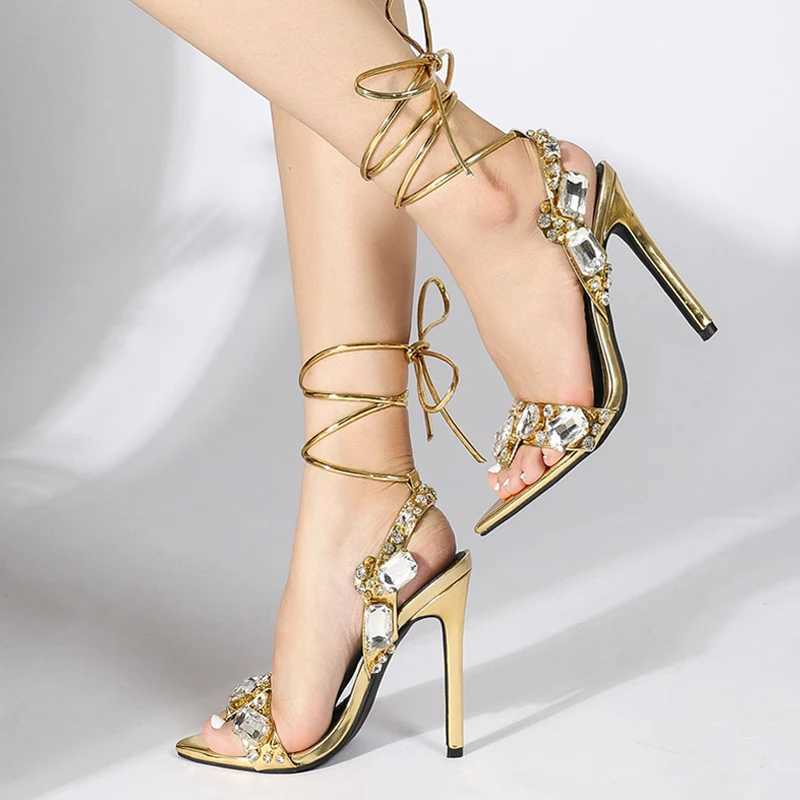 New Arrival Liyke sexy Ankle Strap gold sandals womens party nightclub stripping shoes high-quality crystal diamond toe wedding shoes T250409