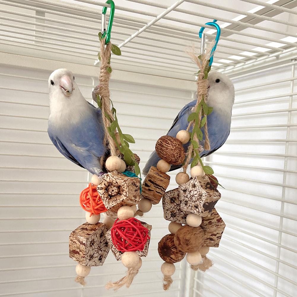 Parrot Toys Wooden Hanging Parrot Chewing Toy Rattan Ball Wooden Beads Bird Cage Accessories Bird Cage Bite Toy for Birds