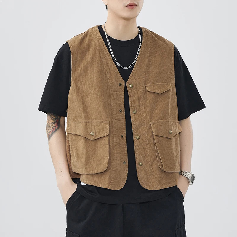 100% Cotton Corduroy American Workwear Vest Mens Mountain Outdoor Summer Autumn Vest Coat 24ss Y2k Youth Male Vintage Cityboy 240717