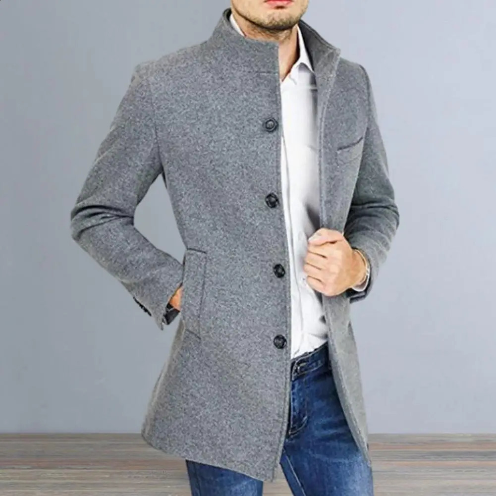 Men Stand Collar Long Sleeve Woolen Coat Single Breasted Pockets Mid-length Windbreaker Outwear Korean Style Spring Trench Coat 240826