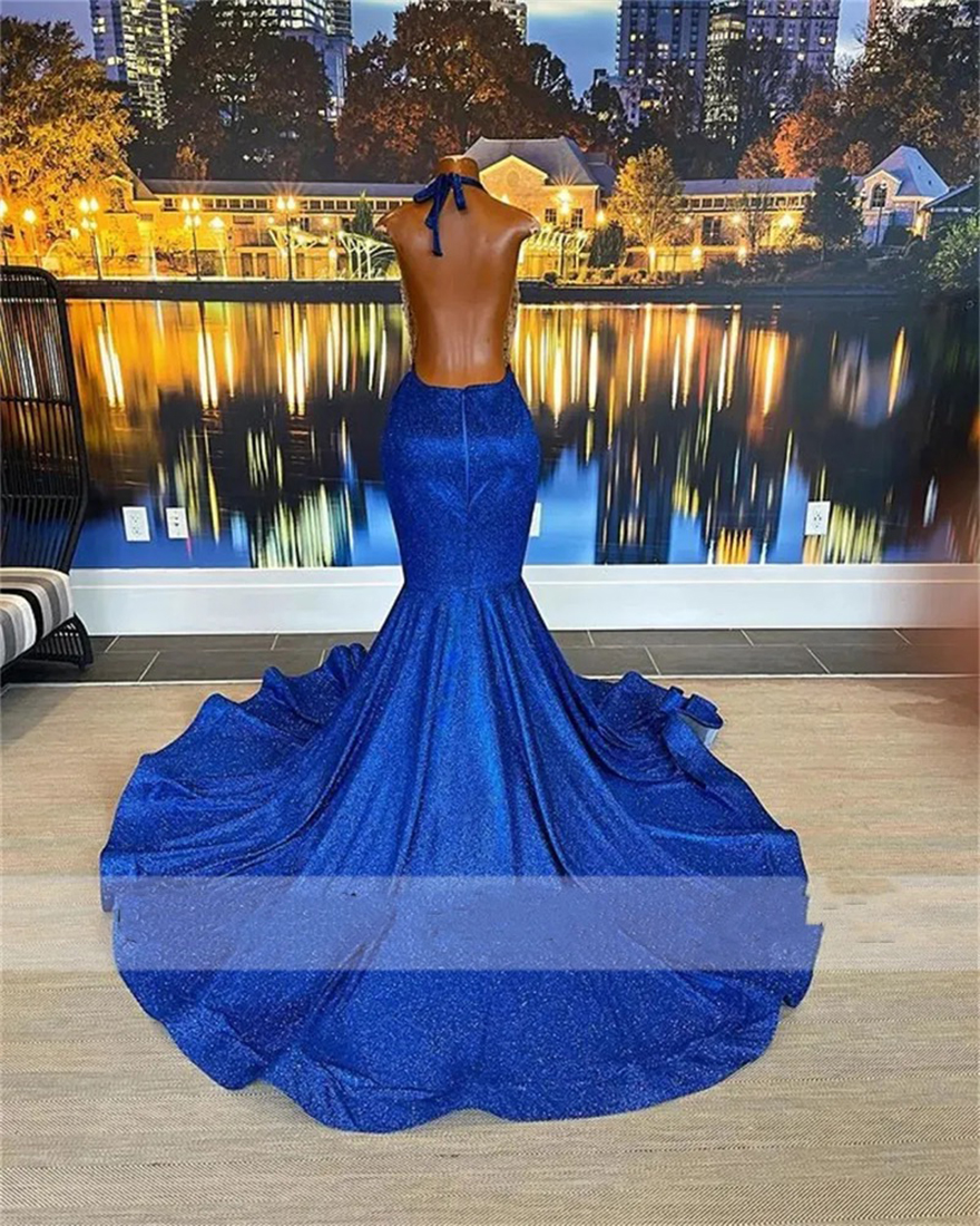 Royal Blue Elegant Halter Prom Dresses Backless African Mermaid Birthday Party Dress Sliver Crystal Beading Formal Gowns Vestidos 6660306