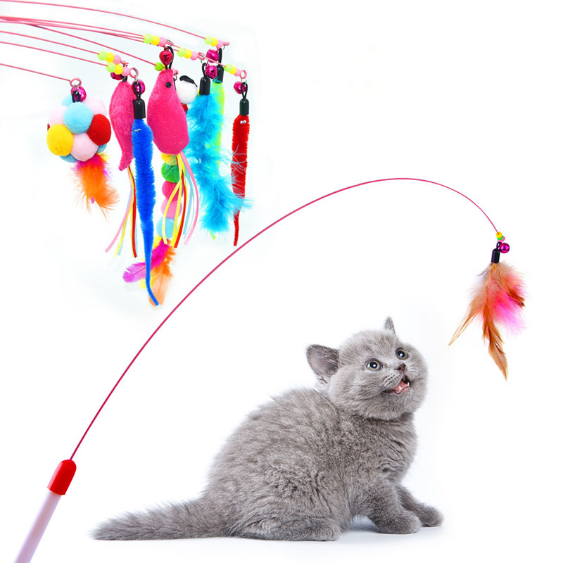 Funny Cat Toys Colored Metal Wire With Feather Bells Handheld Interactive Cat Teasing Stick Mouse Plush Ball Pet Supplies