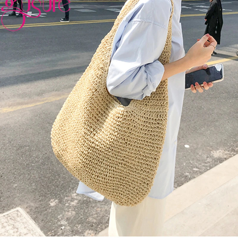 Gusure casual straw womens shoulder bag willow womens handbag handmade summer beach tote bag bohemian 241205
