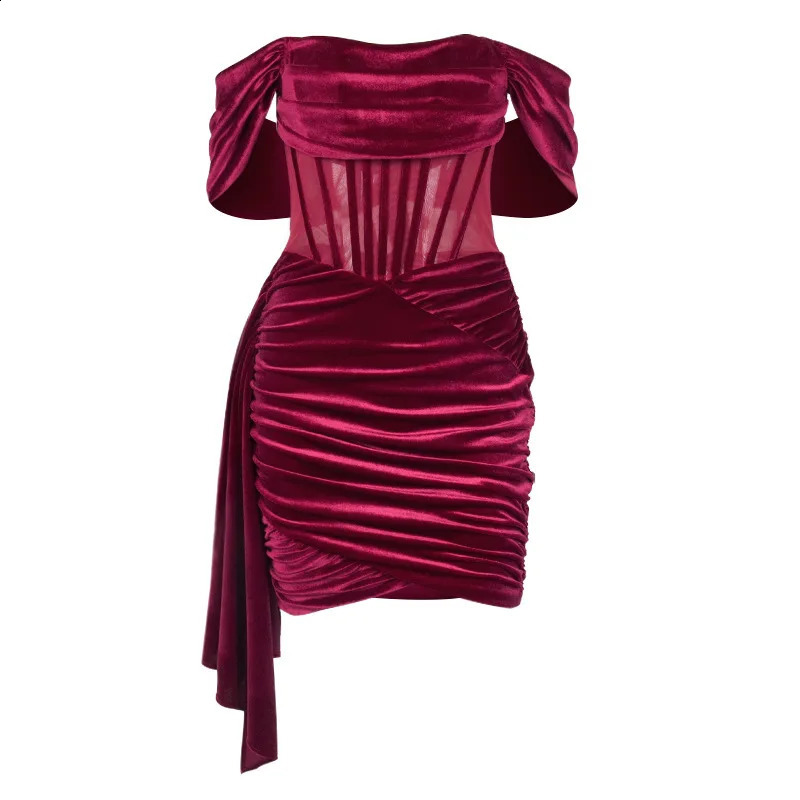 Mingmingxi Off The Shoulder Velvet Dress Elegant Wine Red Bodycon Night Evening Party Dresses Draped Mesh Patchwork Women Dress 240726