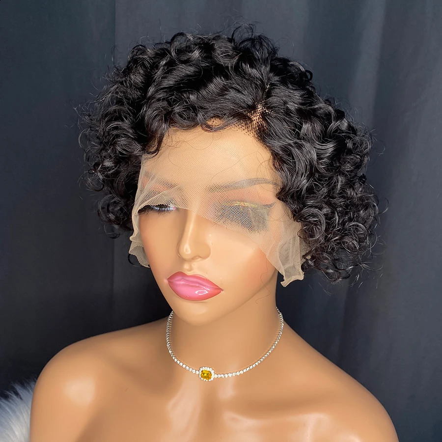 Short Bob Wig Pixie Cut Wig Curly Human Hair Wigs For Women 13*4*1 Lace Front Transparent Deep Wave Lace Wig 240719